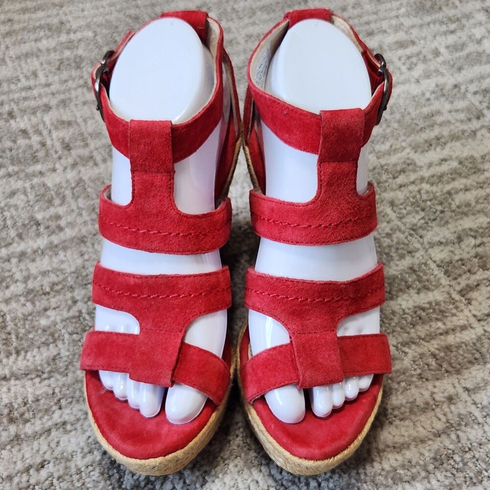 UGG Lauri espadrille platform wedge sandals red suede size 6.5 - Picture 4 of 11